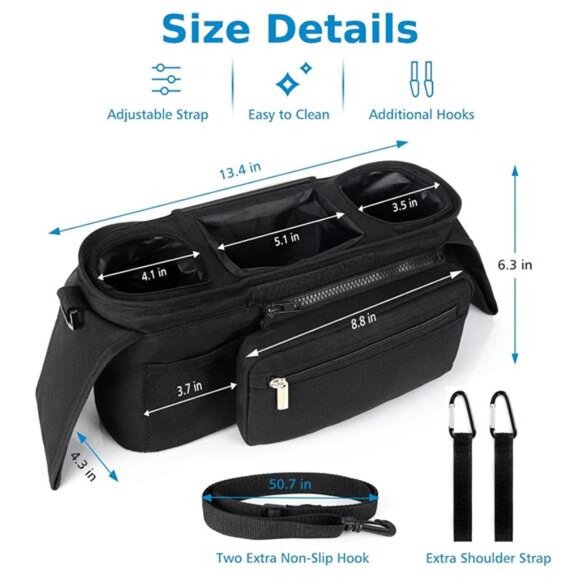 Universal Stroller Organizer Bag Insulated Cup Holder Detachable Phone Bag Caddy - Picture 3 of 7